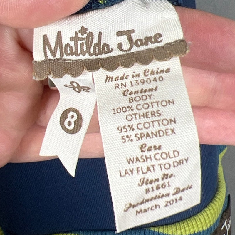 Matilda Jane Size 8 Secret Fields Truest Compass Green Blue Striped Leggings