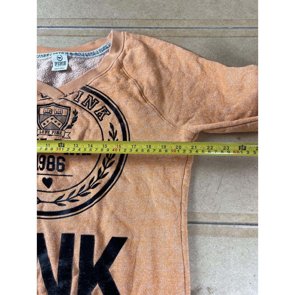 PINK Victoria's Secret Sweater Womens L Orange Pullover V-Neck Graphic Print