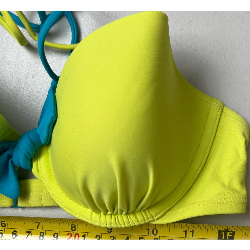 Aerie 34C Neon Yellow Swimwear Bikini Top Blue Bowtie Adjustable Halter Top