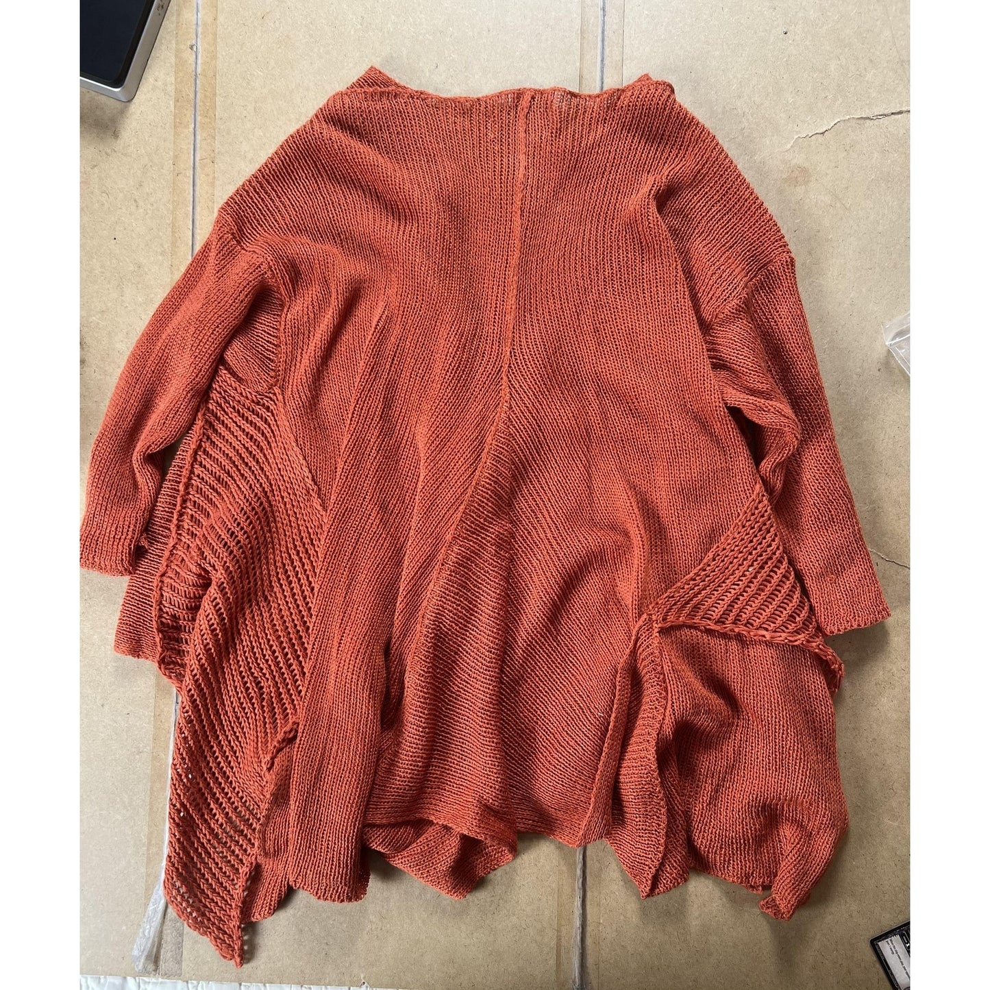 LUZA BART Cardigan Womens XL Orange Linen Open Knit Crochet Lightweight Relaxed