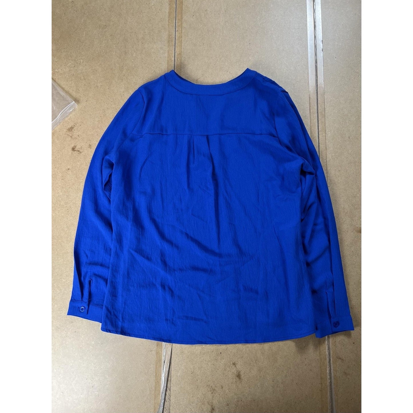 Blouse Womens L Blue V-Neck Long Sleeve Pleated Button Polyester Spandex