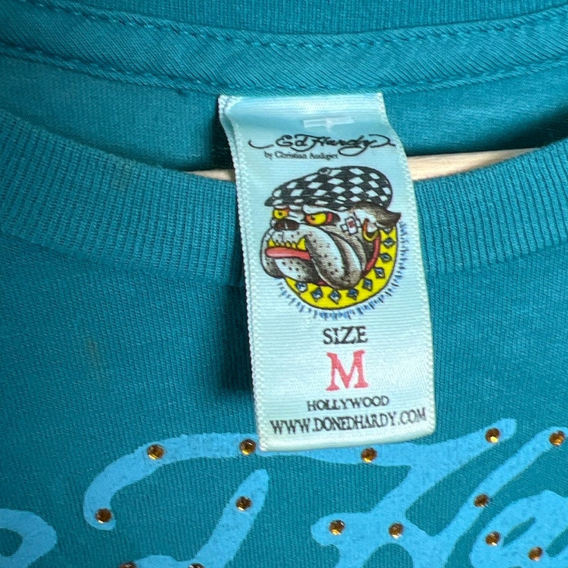 Y2K Ed Hardy Shirt Japan Geisha Bedazzled Skull Flag Medium