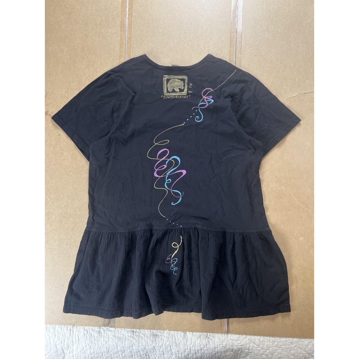 BLUE-EYED BEAR Tunic Womens L Black Ruffle Crew Neck Short Sleeve Casual
