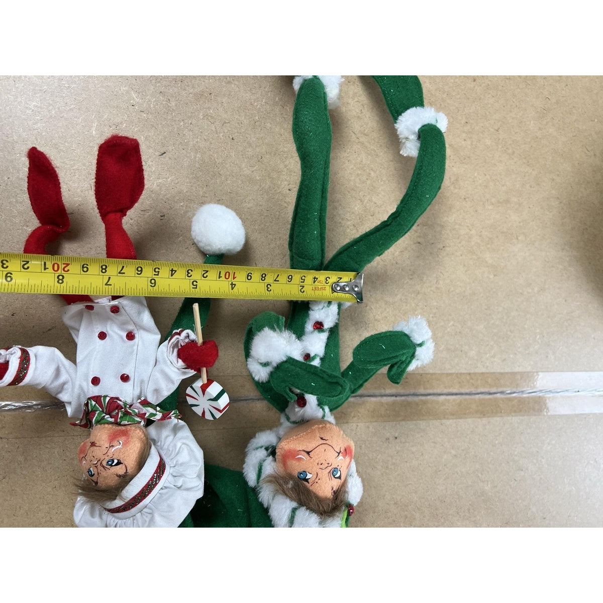 Christmas Elf Ornament Set Of 2 Green White Red Dangle Glitter Holiday