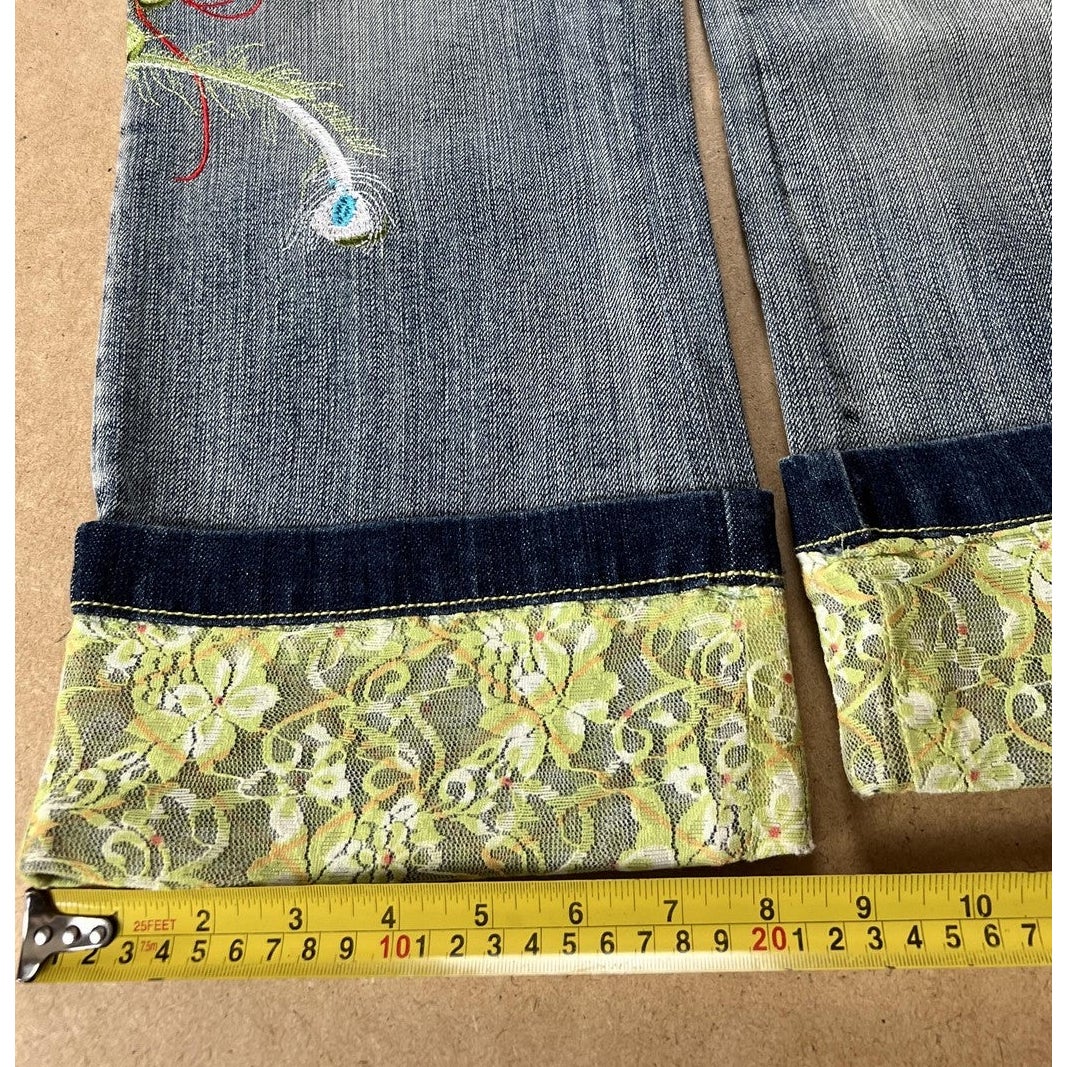 STVLE Pants Womens 6 Blue Cropped Denim Cotton Spandex Embroidered Lace Cuffed