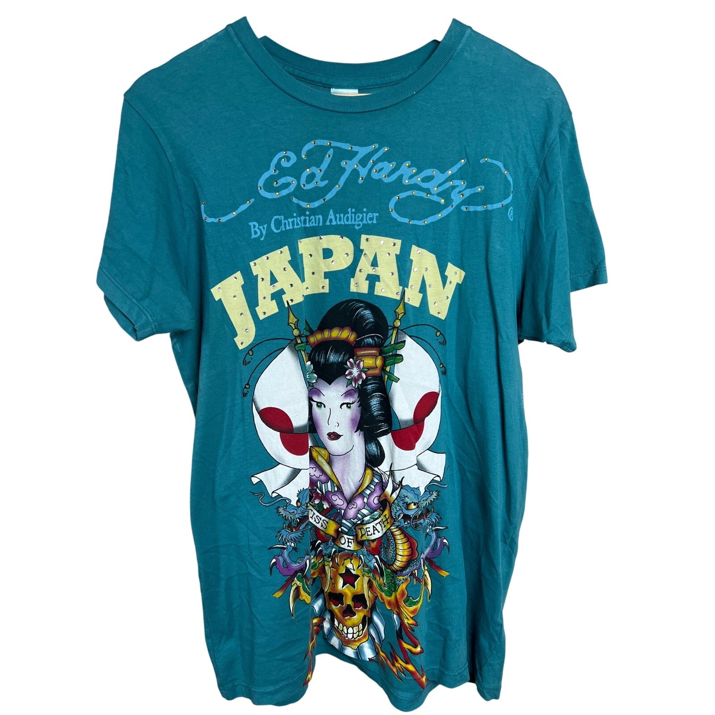 Y2K Ed Hardy Shirt Japan Geisha Bedazzled Skull Flag Medium