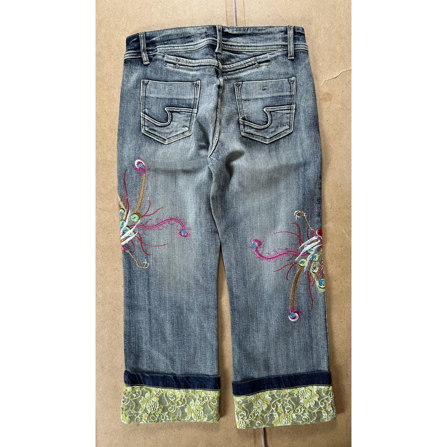 STVLE Pants Womens 6 Blue Cropped Denim Cotton Spandex Embroidered Lace Cuffed