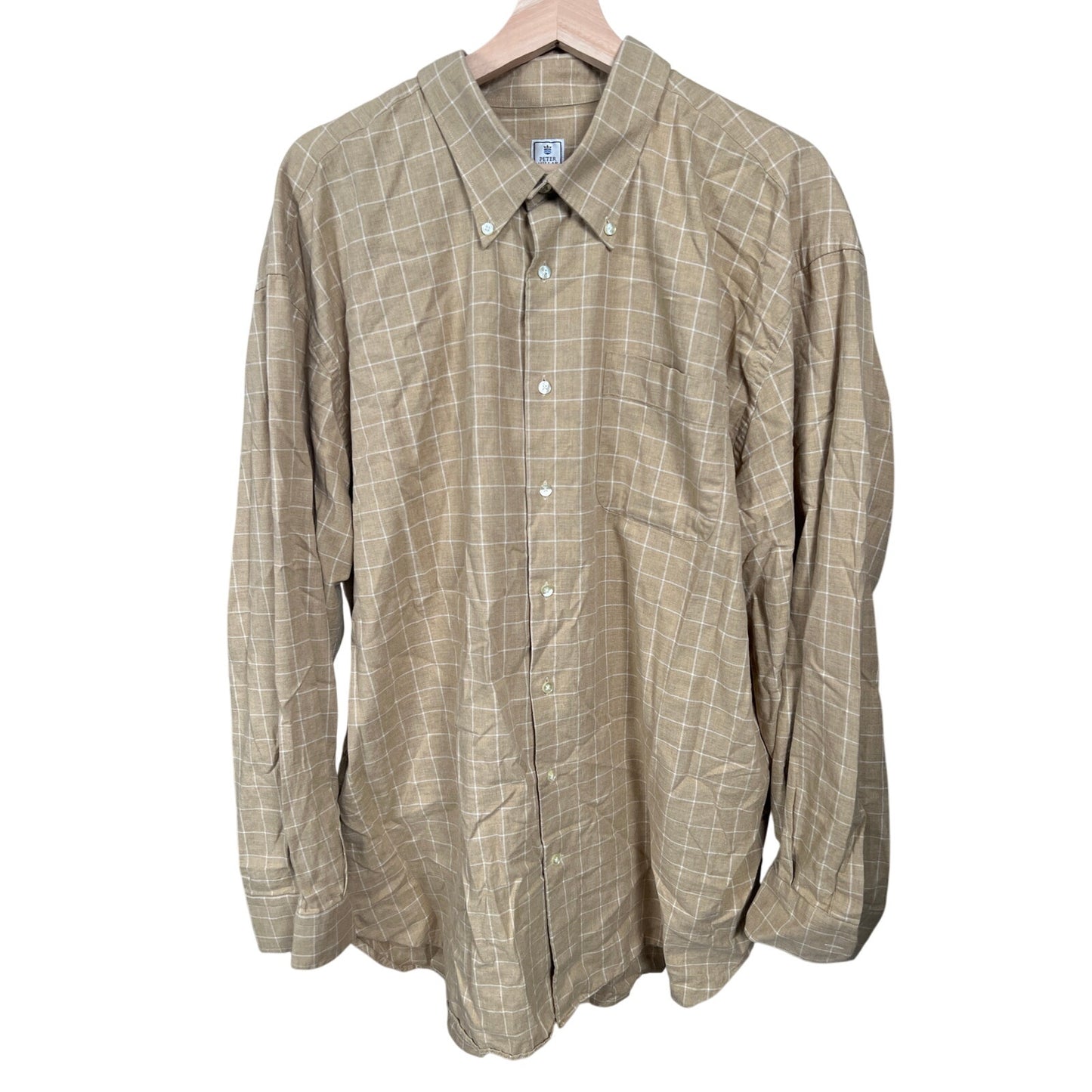 Peter Millar Shirt Mens 2X-Large Tan Plaid Long Sleeve Chest Pocket 100% Cotton