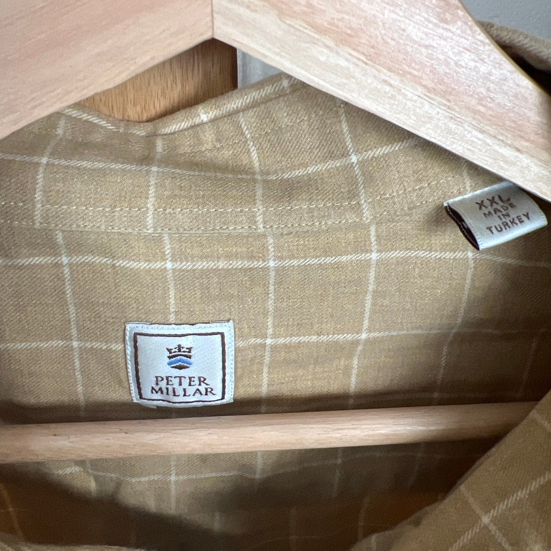 Peter Millar Shirt Mens 2X-Large Tan Plaid Long Sleeve Chest Pocket 100% Cotton