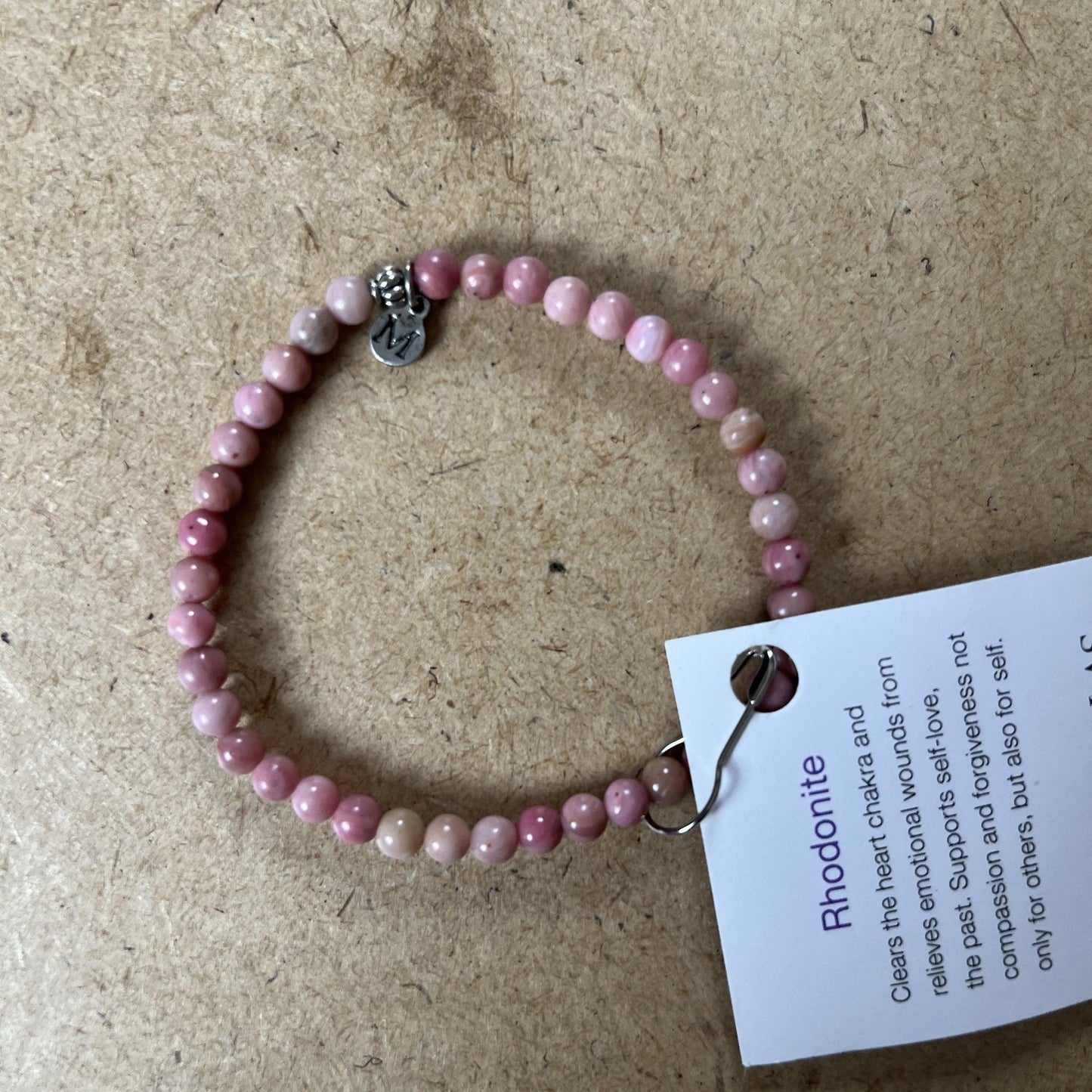Moxie Malas Rhodonite Pink Gemstone Beaded Stretch Bracelet Womens Healing Yoga