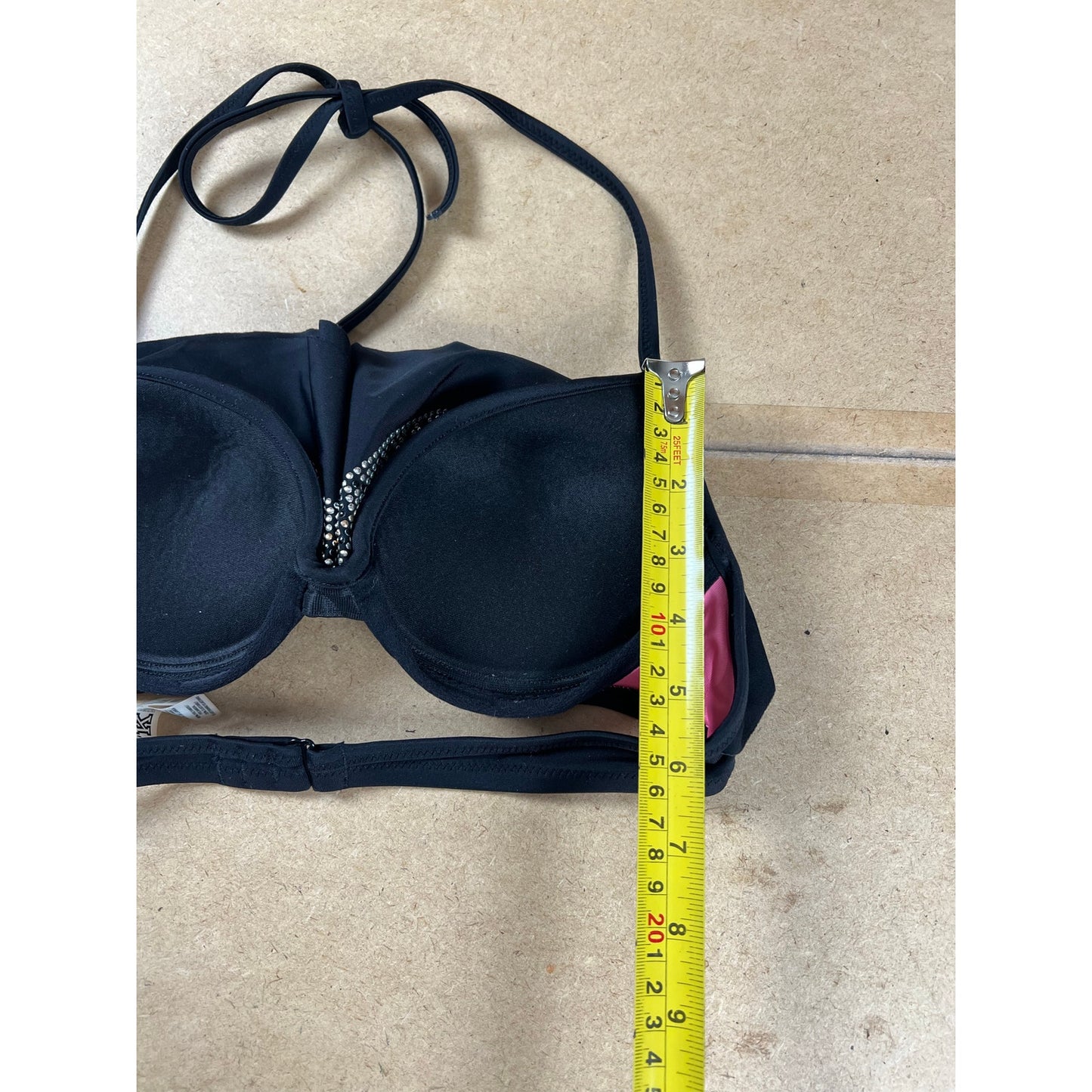 PINK Bra Womens S Black Push Up Bra Padded Molded Halter Rhinestone Hook & Eye
