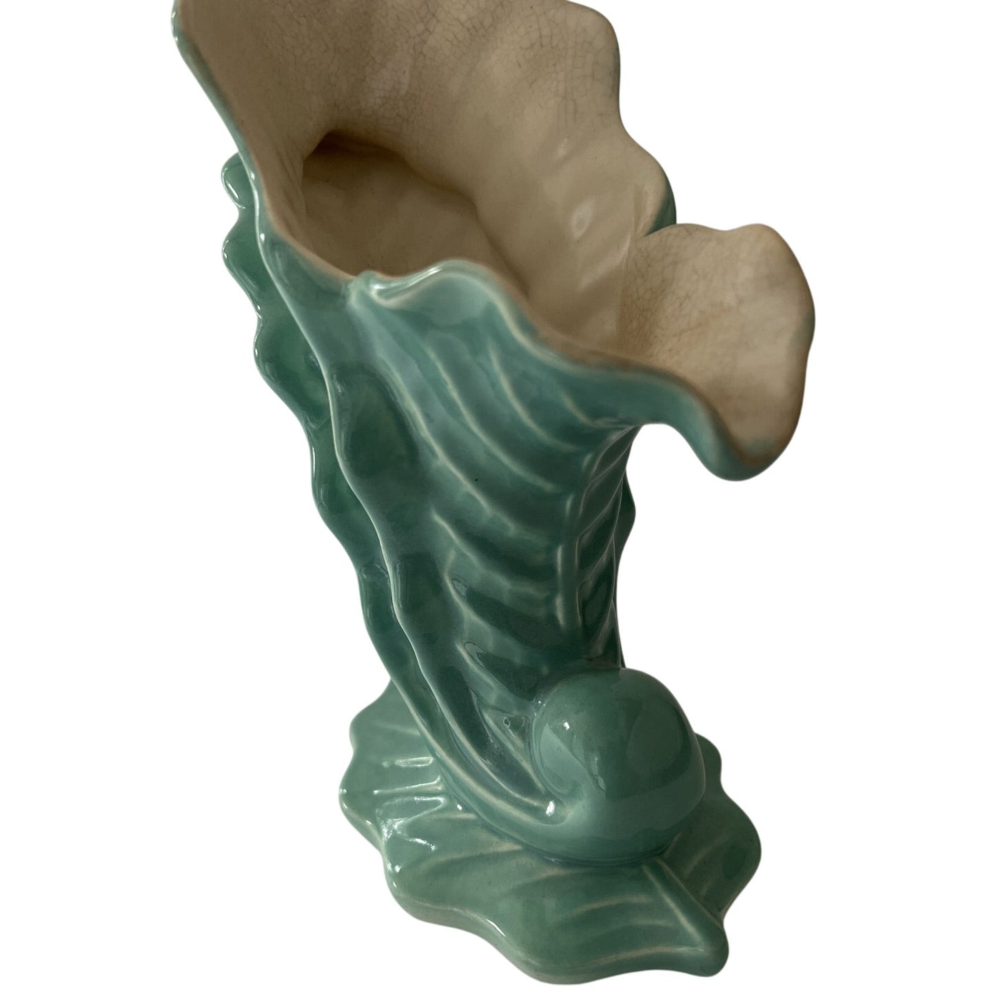 Vintage Redwing Vase, Shell Design, Green Glaze 4x7xH-10.5, Art Deco - EUC