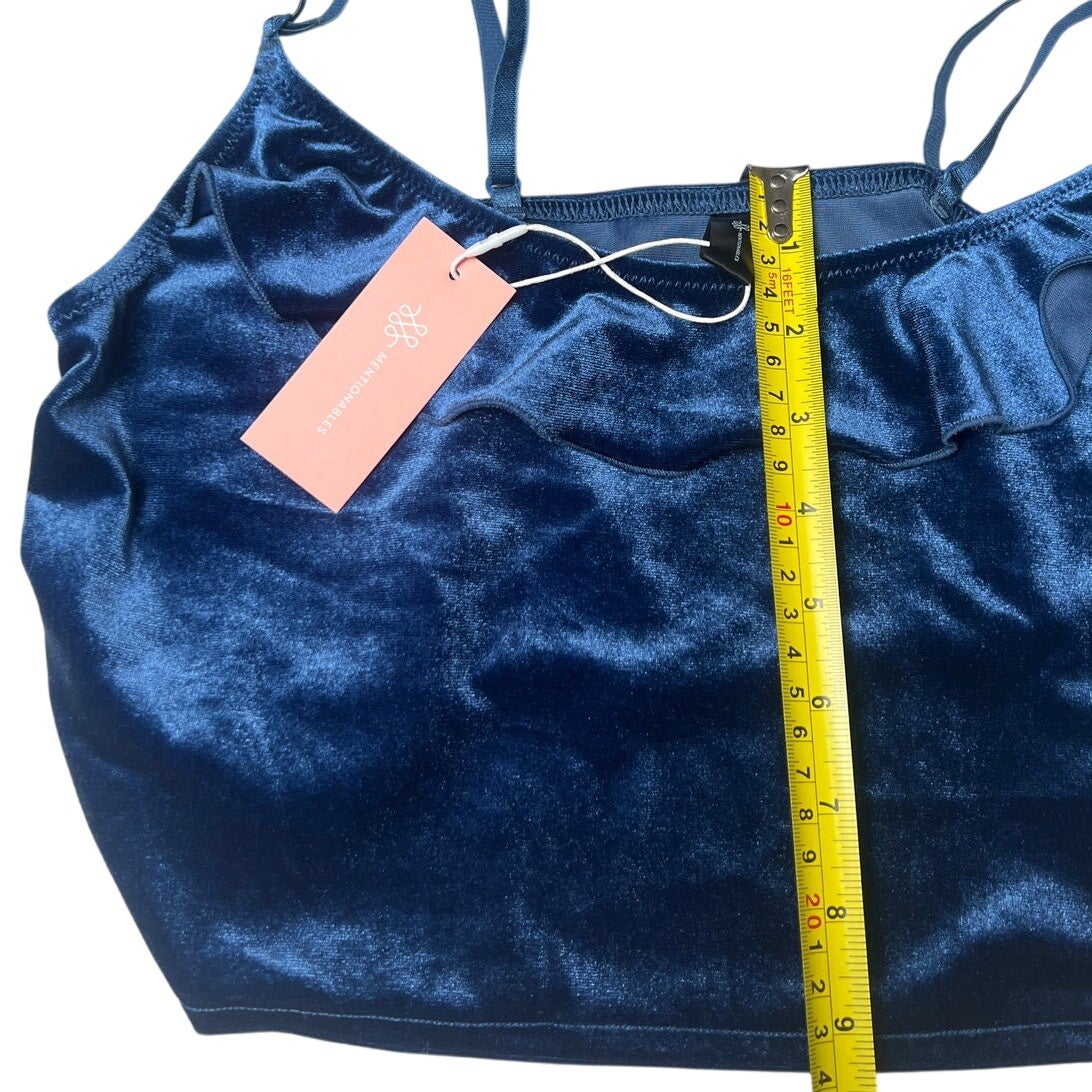 NWT Mentionables Navy Blue Velvet Ruffle Camisole Cropped Top Small S