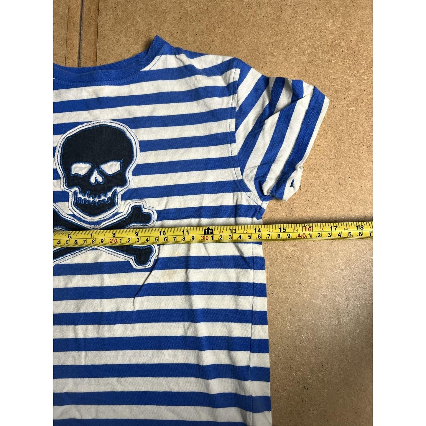 John Lewis Shirt Boys 8 Blue White Stripe Skull Crossbones Pirate T-Shirt Tee