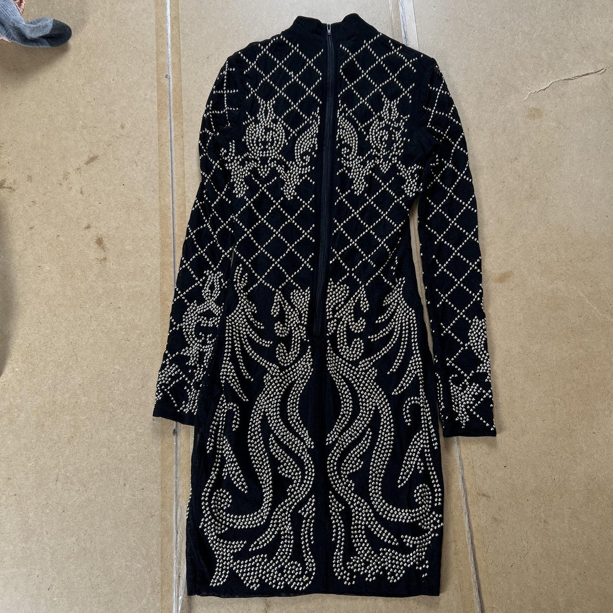 BANJUL Dress Womens S Black Bodycon Long Sleeve Mock Neck Studded Lined Zip Back
