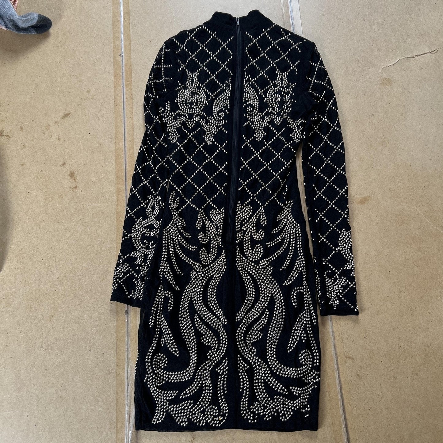 BANJUL Dress Womens S Black Bodycon Long Sleeve Mock Neck Studded Lined Zip Back