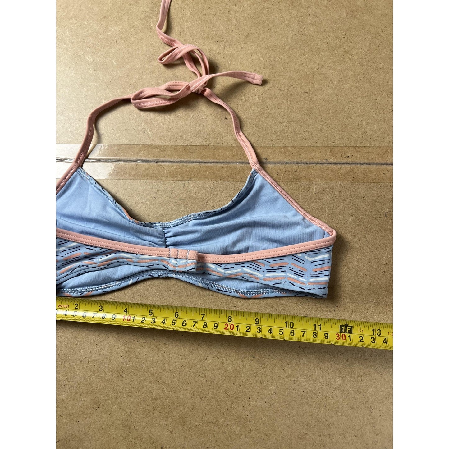 Aerie Swim Top Womens S Blue Striped Halter Bikini Lined Adjustable Peach Trim