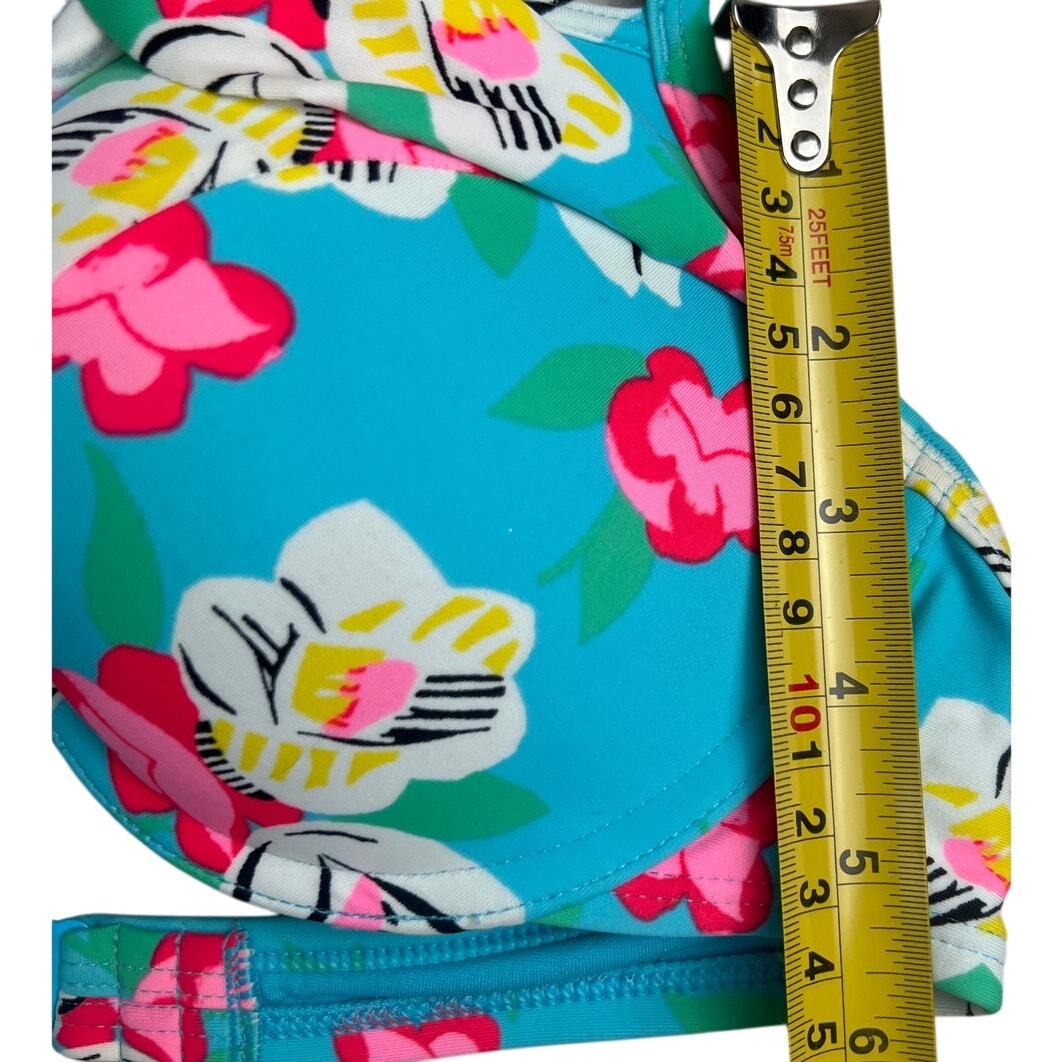 Aerie Floral Blue Pink Ruffled Halter Bikini Top Adjustable 34C