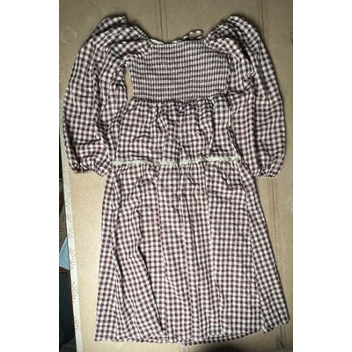 One Loved Babe Dress Womens L Brown Gingham Fit & Flare Off Shoulder Smocked
