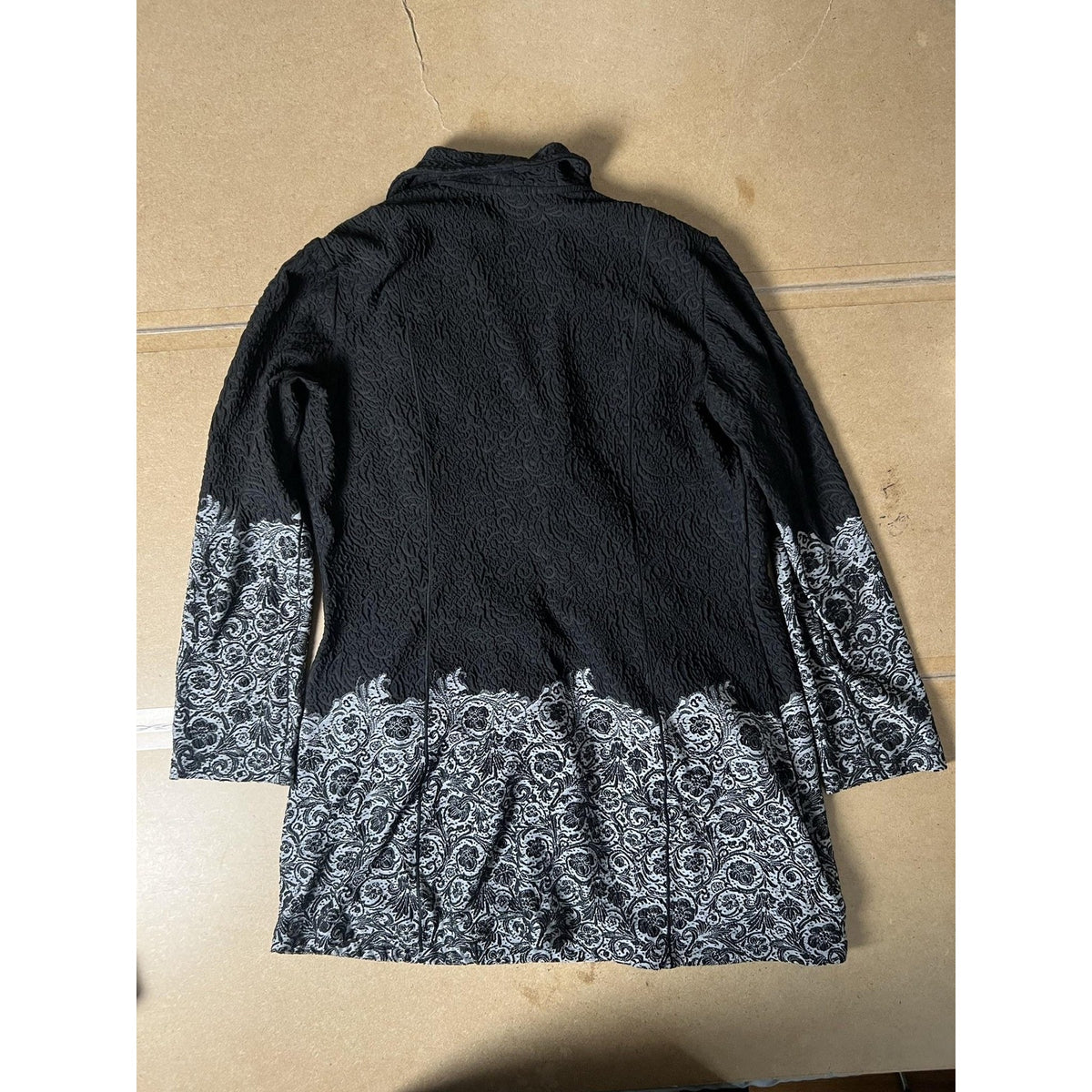 LBISSE Sweater Womens XL Black Full Zip Floral Knit Collared Pockets Stretch