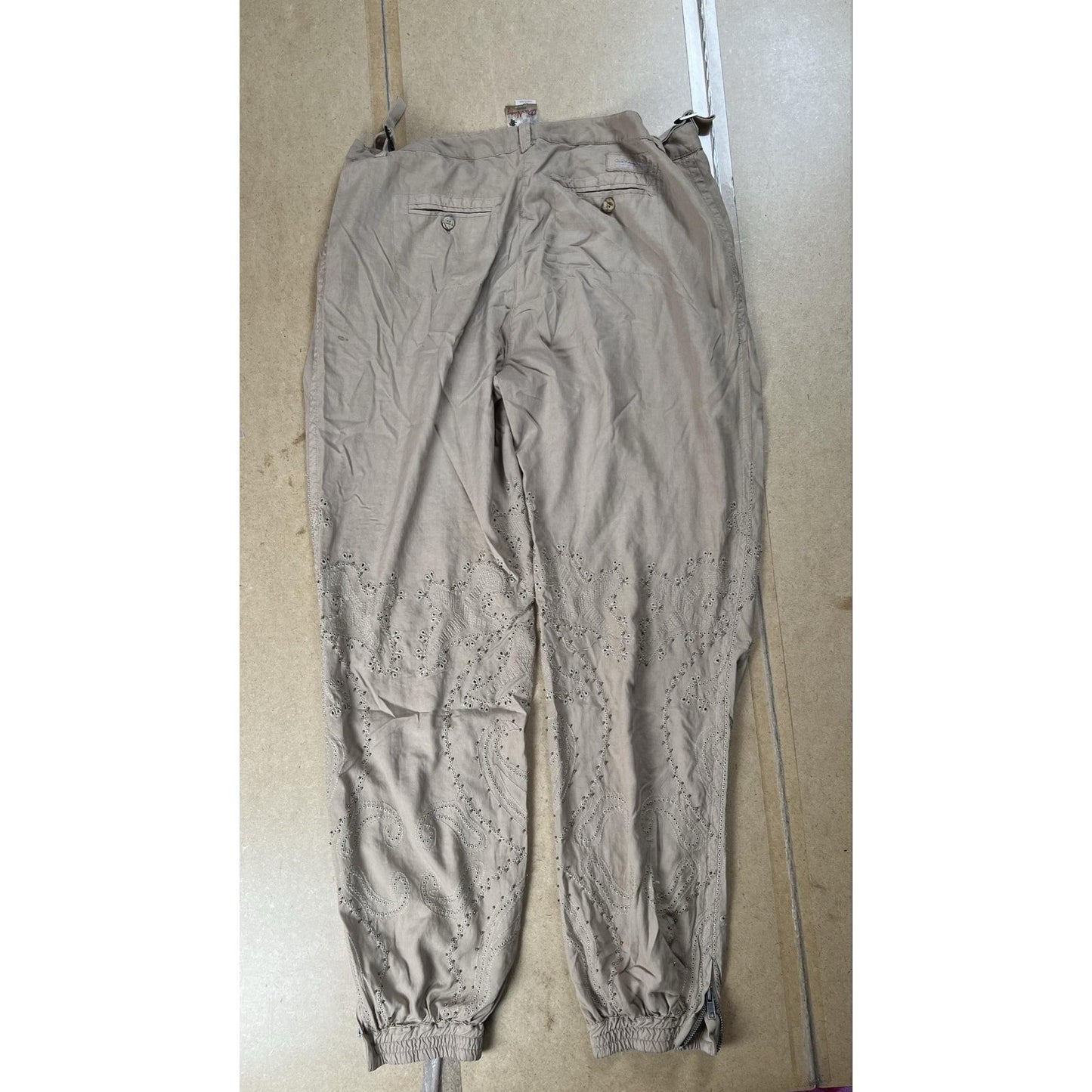 Da-Nang Pants Womens L Beige Satin Jogger Paisley Embroidered Pockets Silk