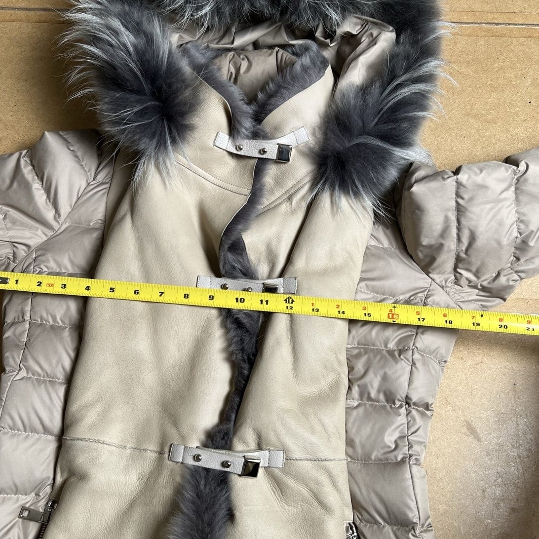 La Canadienne Coat Womens M Beige Puffer Leather Panel Fur Trim Hooded Long