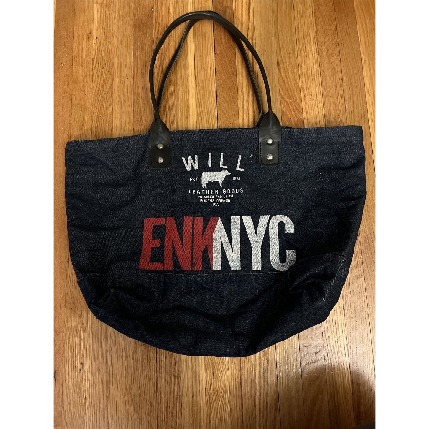 WILL LEATHER GOODS LOGO DENIM Tote Bag w/LEATHER Handles Lg RED WHITE BLACK