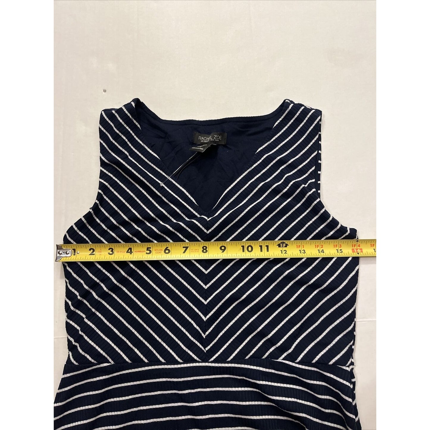 Rachel Zoe Midi Dress Navy Blue Chevron Striped V Neck Pockets Fit Flare M - NWT