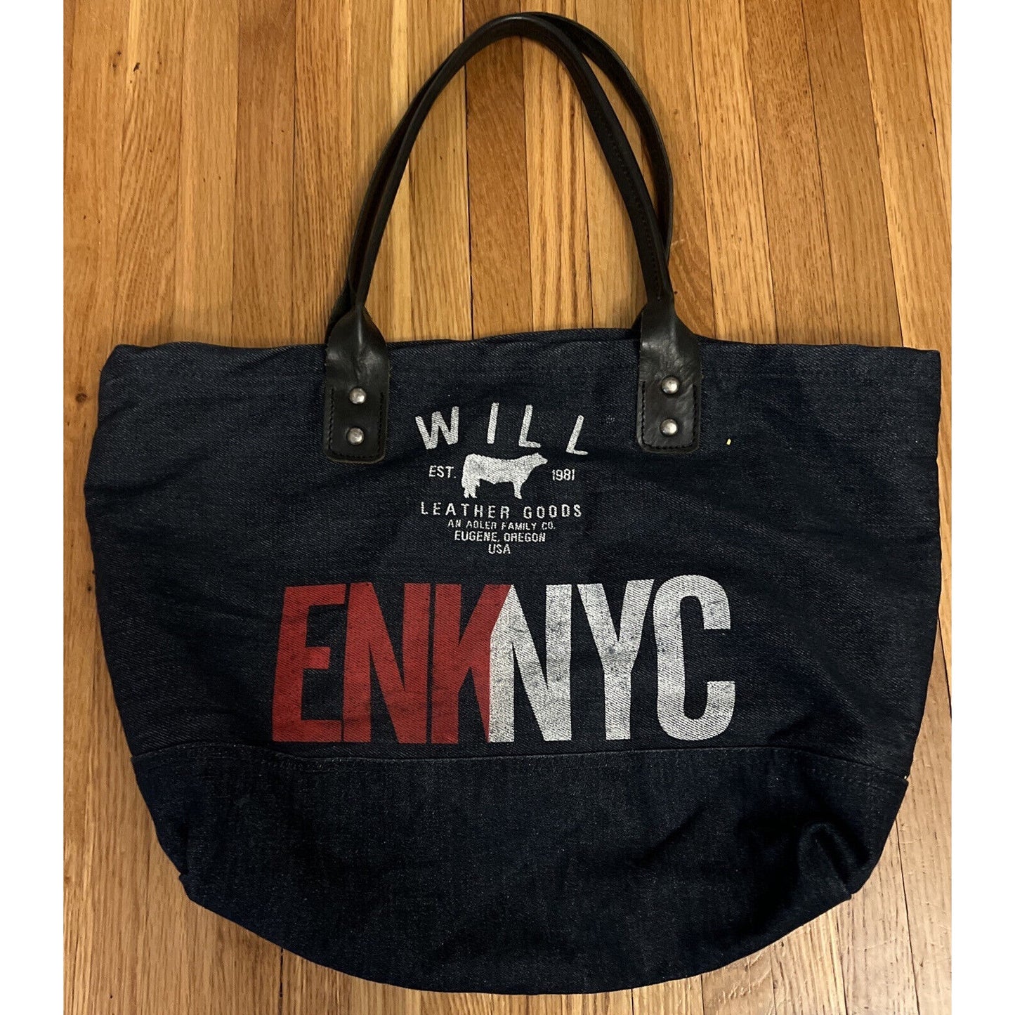 WILL LEATHER GOODS LOGO DENIM Tote Bag w/LEATHER Handles Lg RED WHITE BLACK