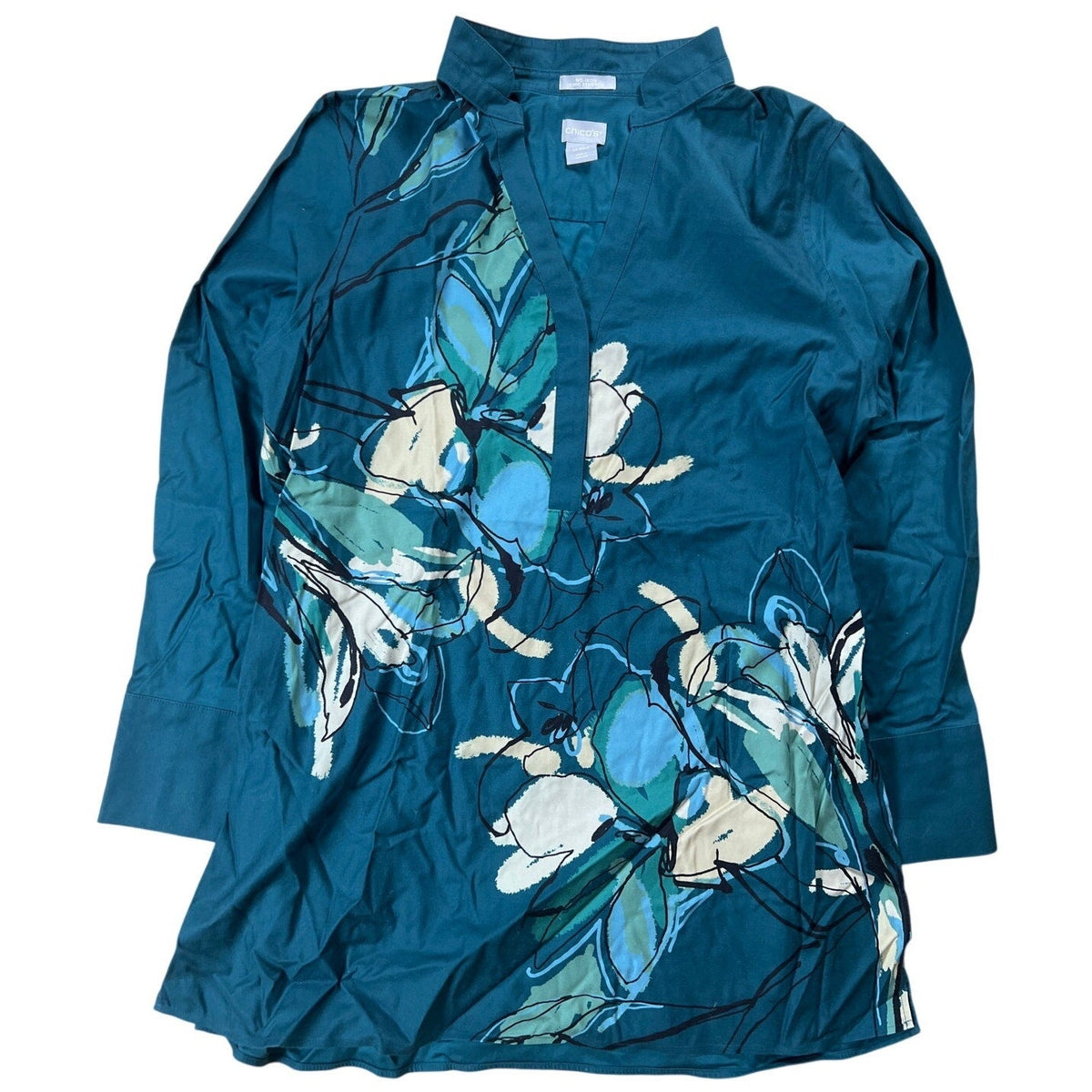 Chicos Size 10 No Iron Stretch Tunic Teal Green Floral Mandarin Long Sleeve