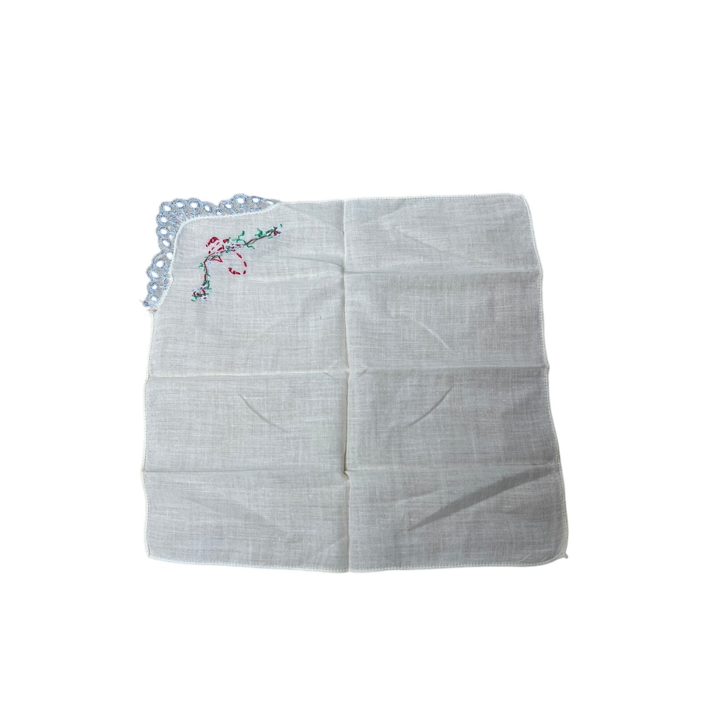 Vintage Hand Embroidered Floral Handkerchief  Dimensions in Picture