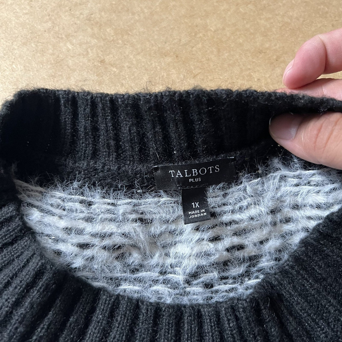 Talbots Sweater Womens 1X Black Fair Isle Open-Knit Glitter Crew Neck Pullover