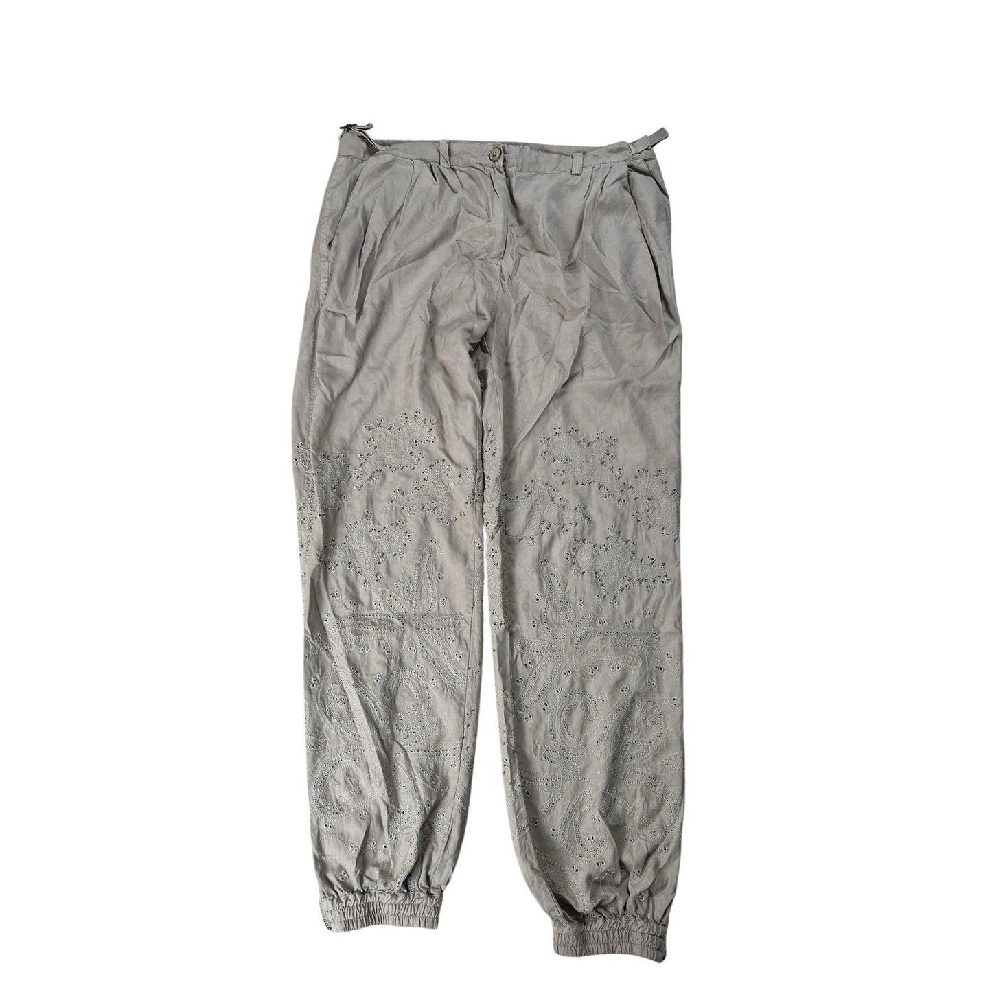 Da-Nang Pants Womens L Beige Satin Jogger Paisley Embroidered Pockets Silk