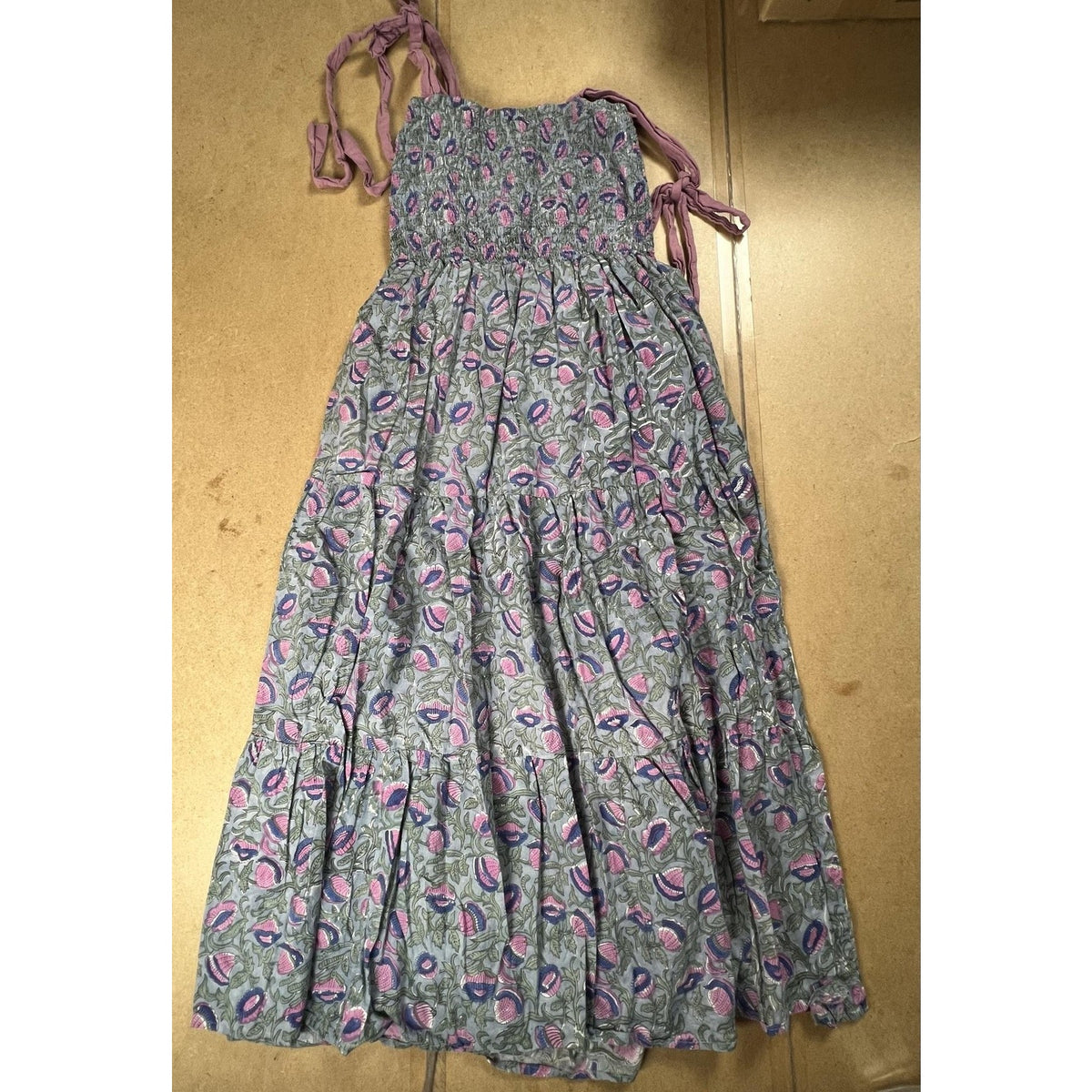 Growkrati Dress Womens L Gray Floral Maxi Square Strappy Ruffle Cotton Casual