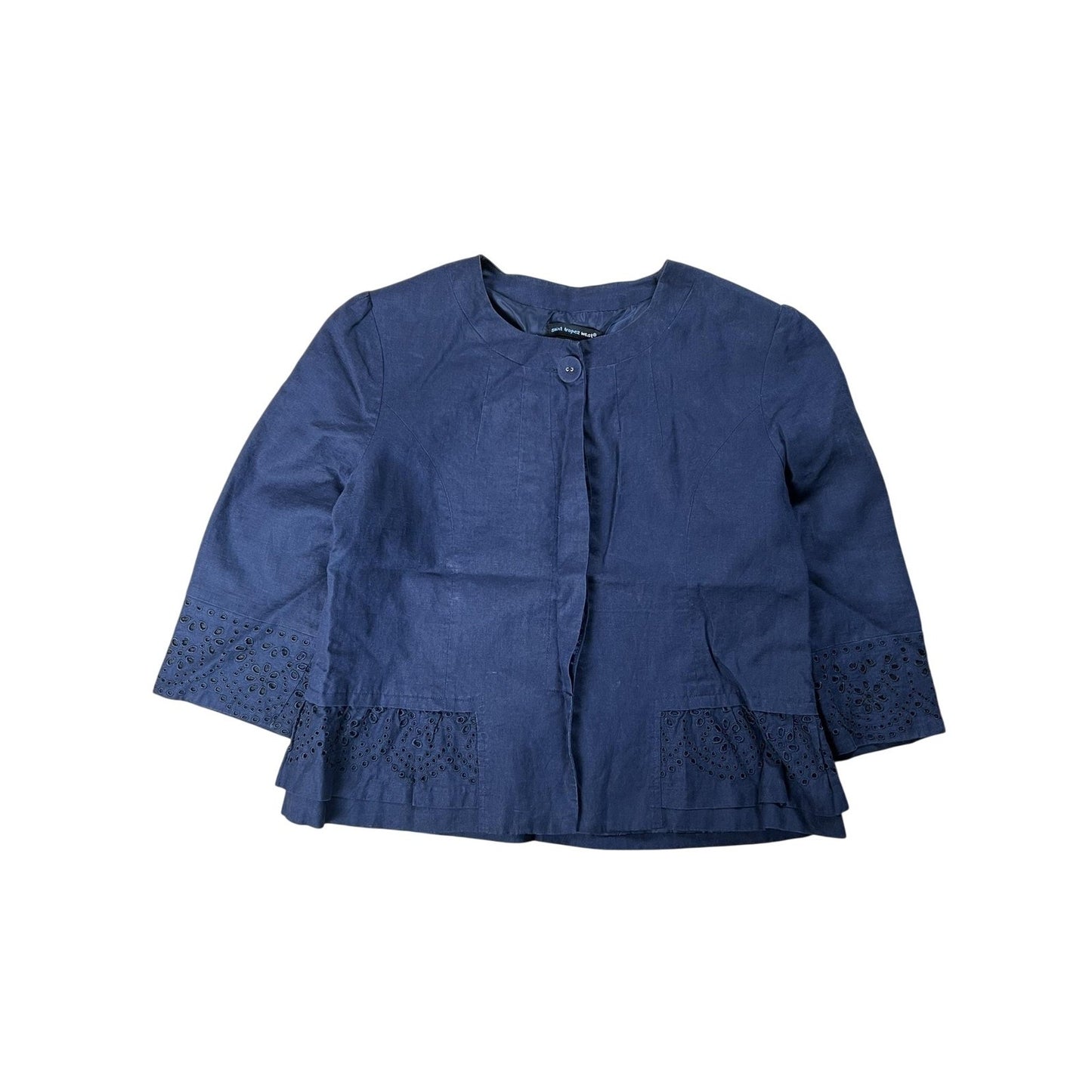 Saint Tropez West Jacket Womens M Blue Linen Collarless Embroidered Ruffle