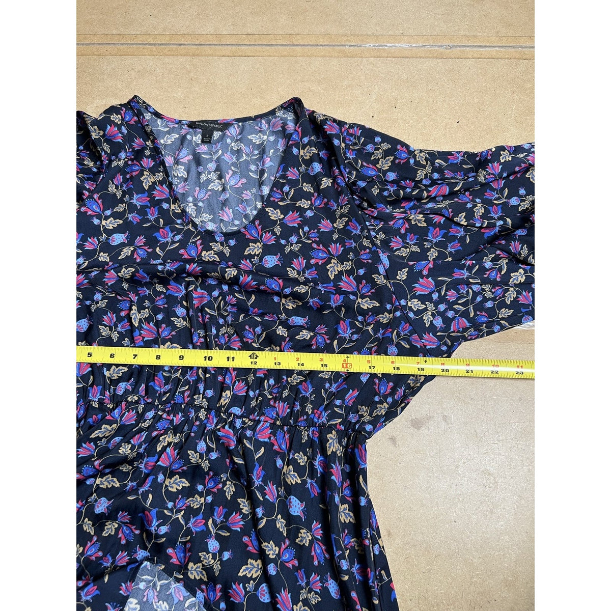 Banana Republic Dress Womens L Black Floral Chiffon Elastic Waistband Casual