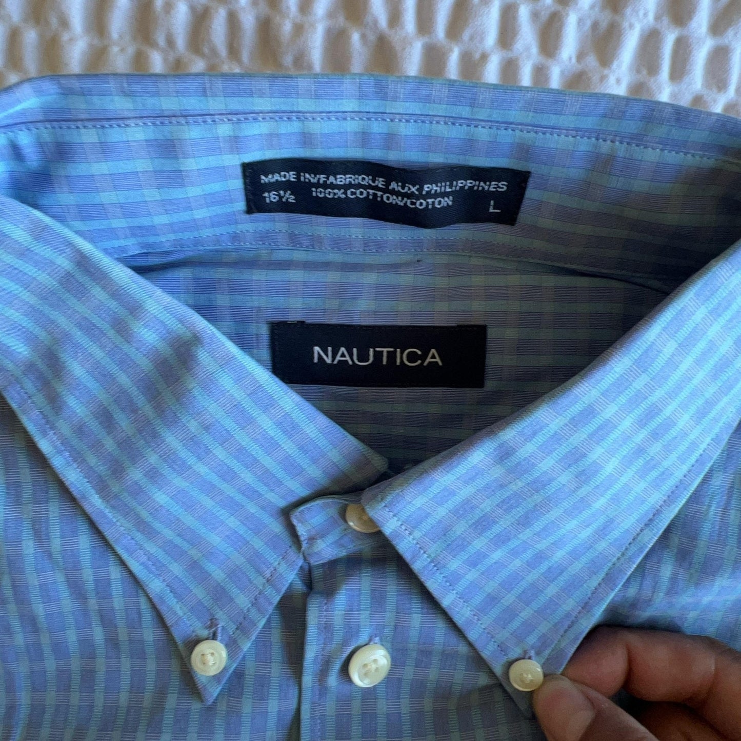 Nautica Shirt Mens 16.5 Blue Check Button-Down Short Sleeve 100% Cotton Large
