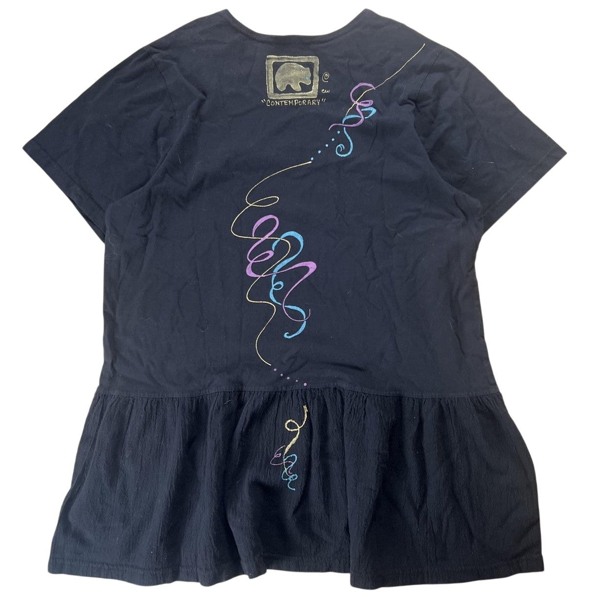 BLUE-EYED BEAR Tunic Womens L Black Ruffle Crew Neck Short Sleeve Casual