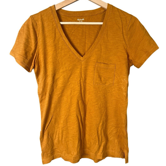 Madewell Size XS Women Orange T-shirt 100% Cotton V-neck Pocket Tee