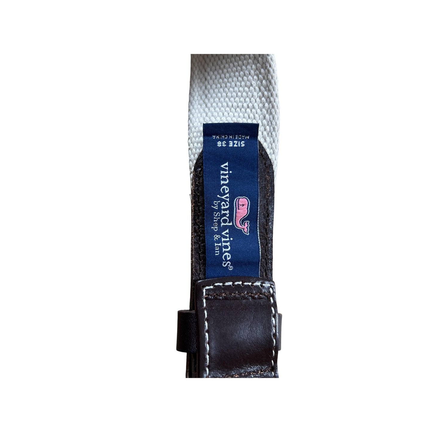 Vineyard Vines Mens Woven Belt 38 White Cotton Leather Striped Logo Buckle