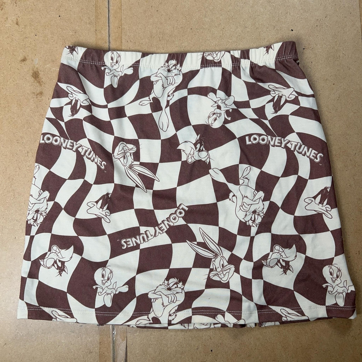 Looney Tunes Skirt Womens S Brown Check Straight Pencil Jersey Stretch