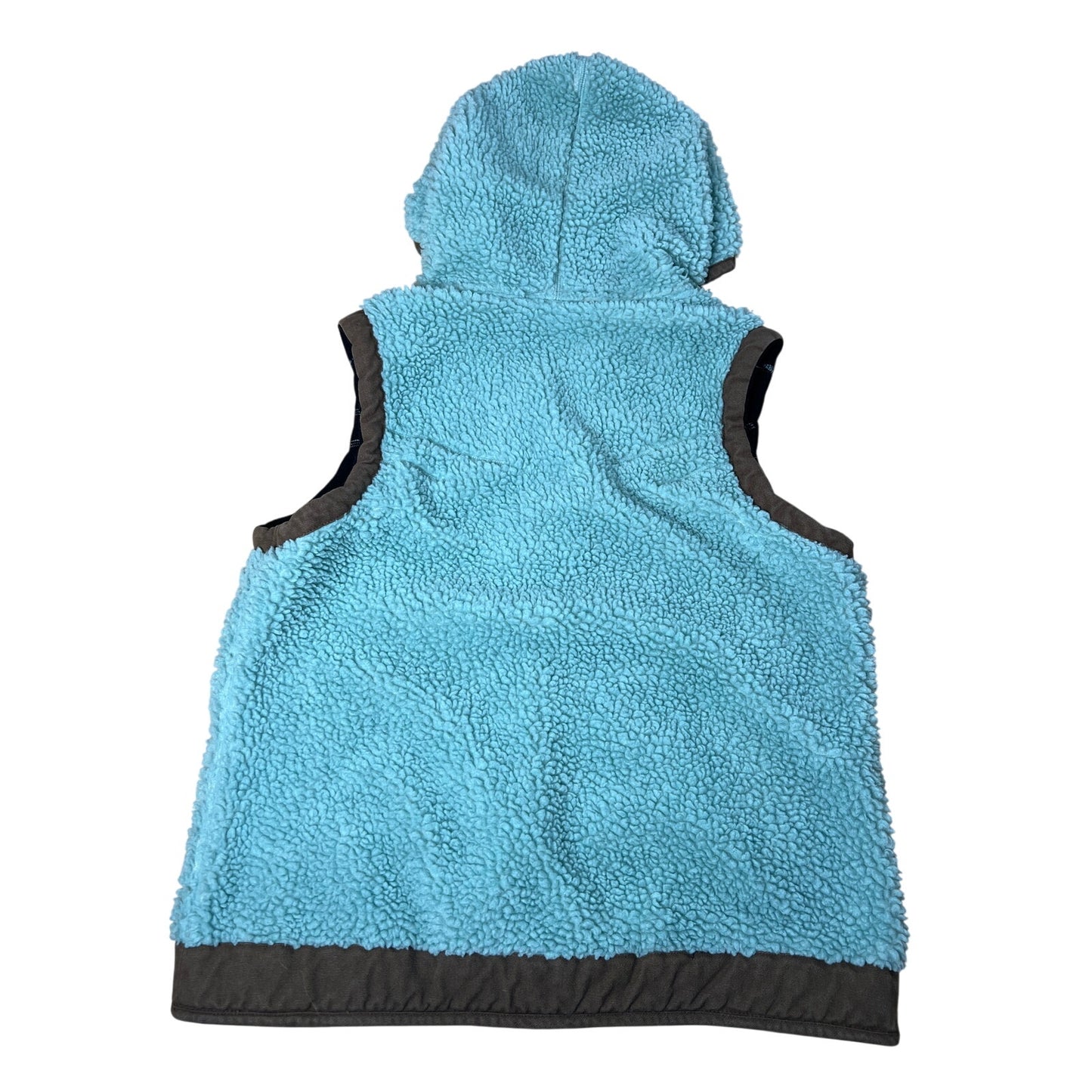 KAVU Blue Brown Outdoor Full Zip Fuzzy Sherpa Fleece Hooded Vest Women's Size L