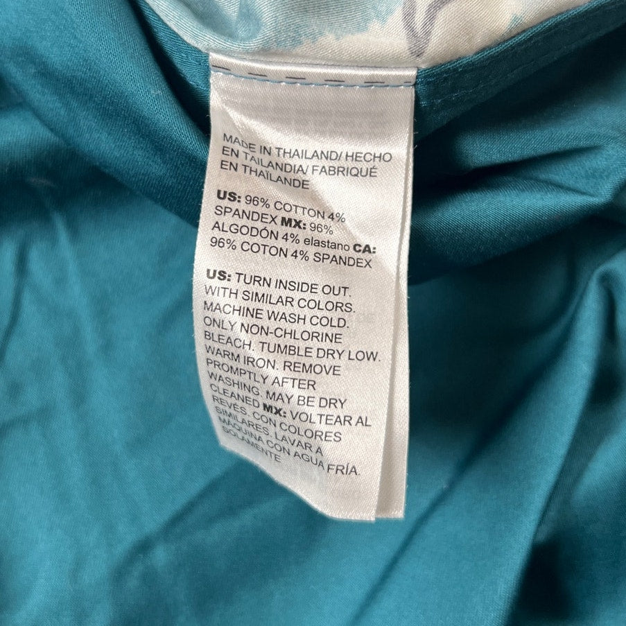 Chicos Size 15 No Iron Stretch Tunic Teal Green Floral Mandarin Long Sleeve