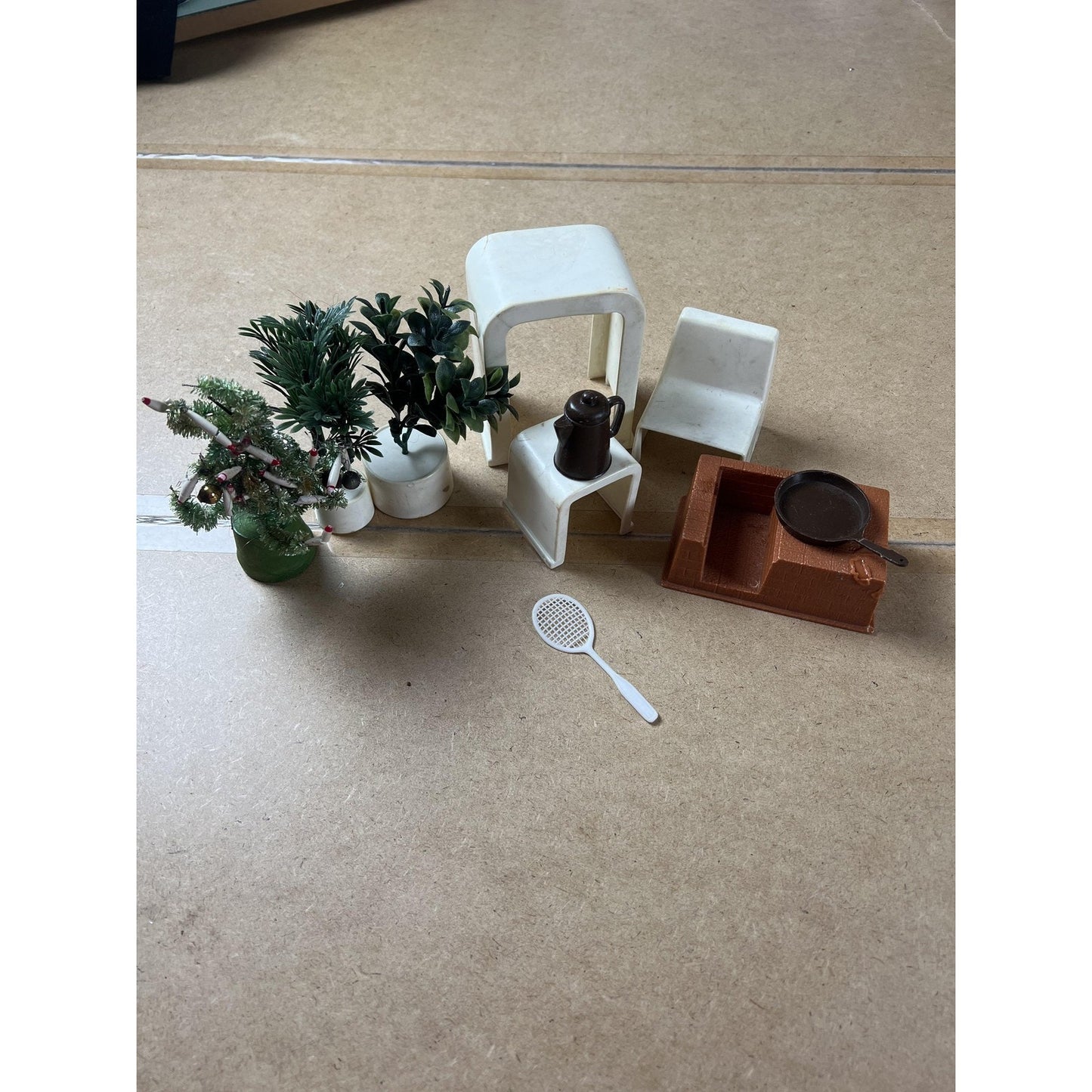 Dollhouse Miniature Accessories Lot Plants Chairs Stools Pot Pan Racket