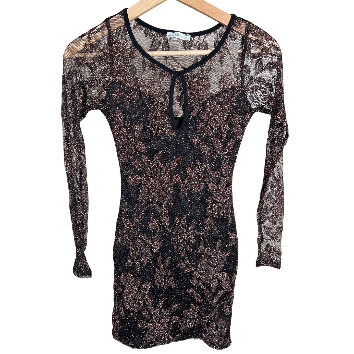 Y2K Charlotte Russe XS Black Lace Mesh Long Dress Longsleeve