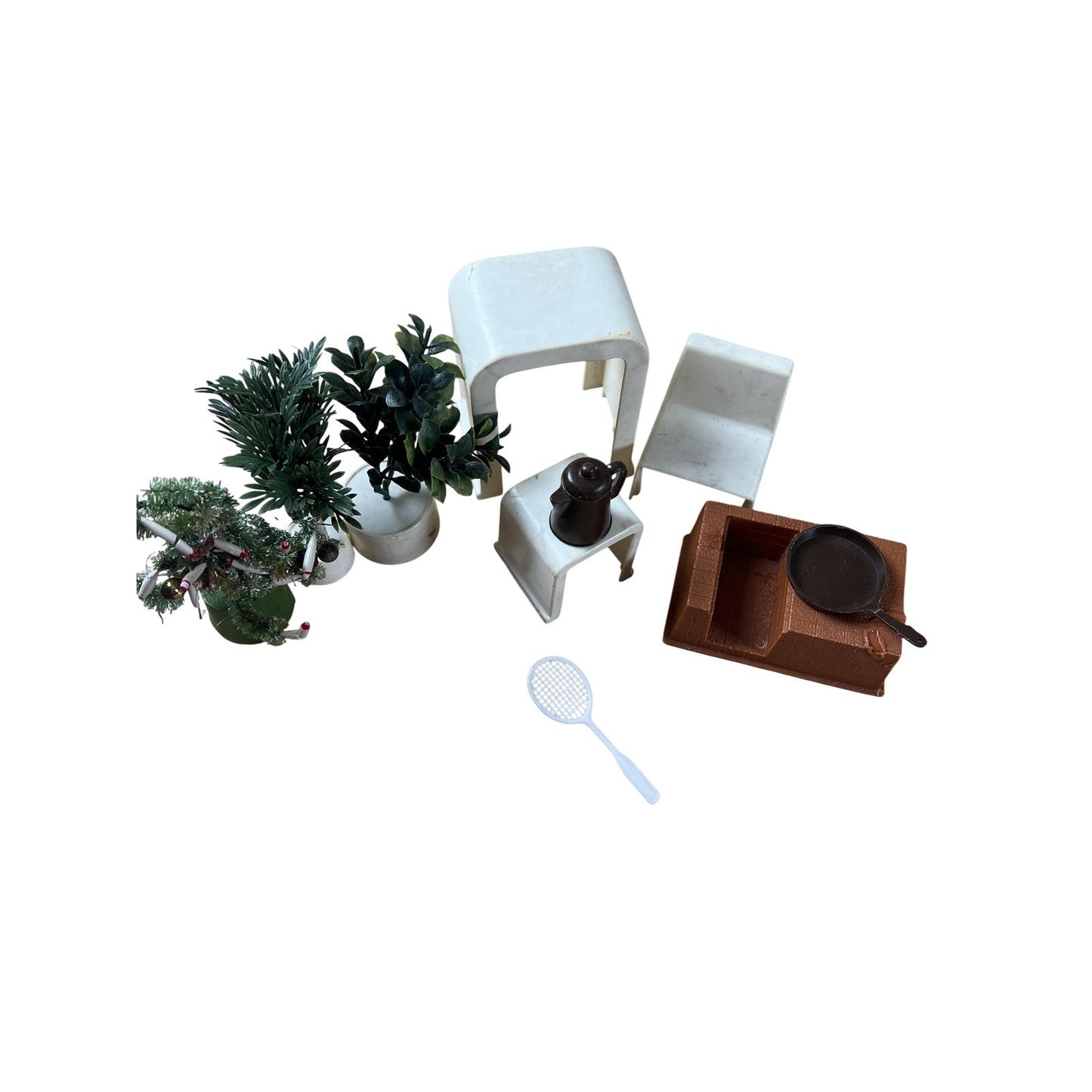 Dollhouse Miniature Accessories Lot Plants Chairs Stools Pot Pan Racket