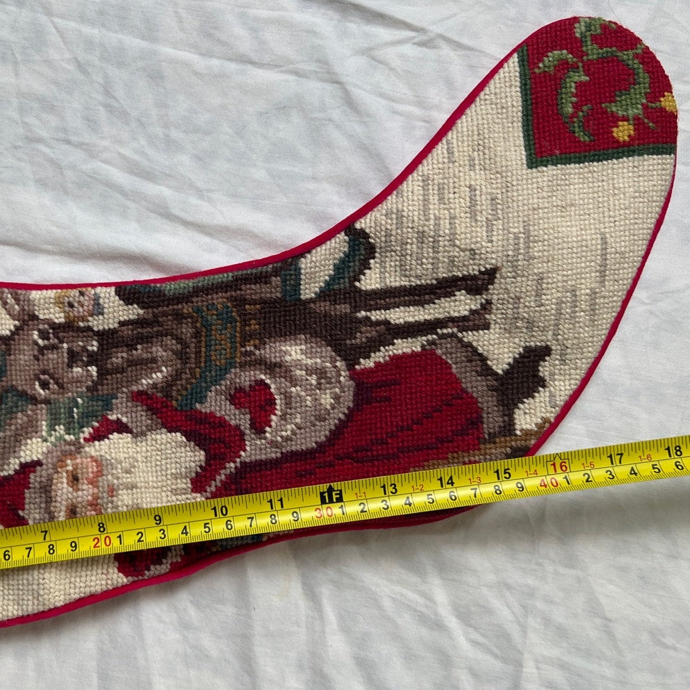 Vintage Wool Needlepoint Christmas Stocking 20” Olde Santa With Reindeer Fully Line