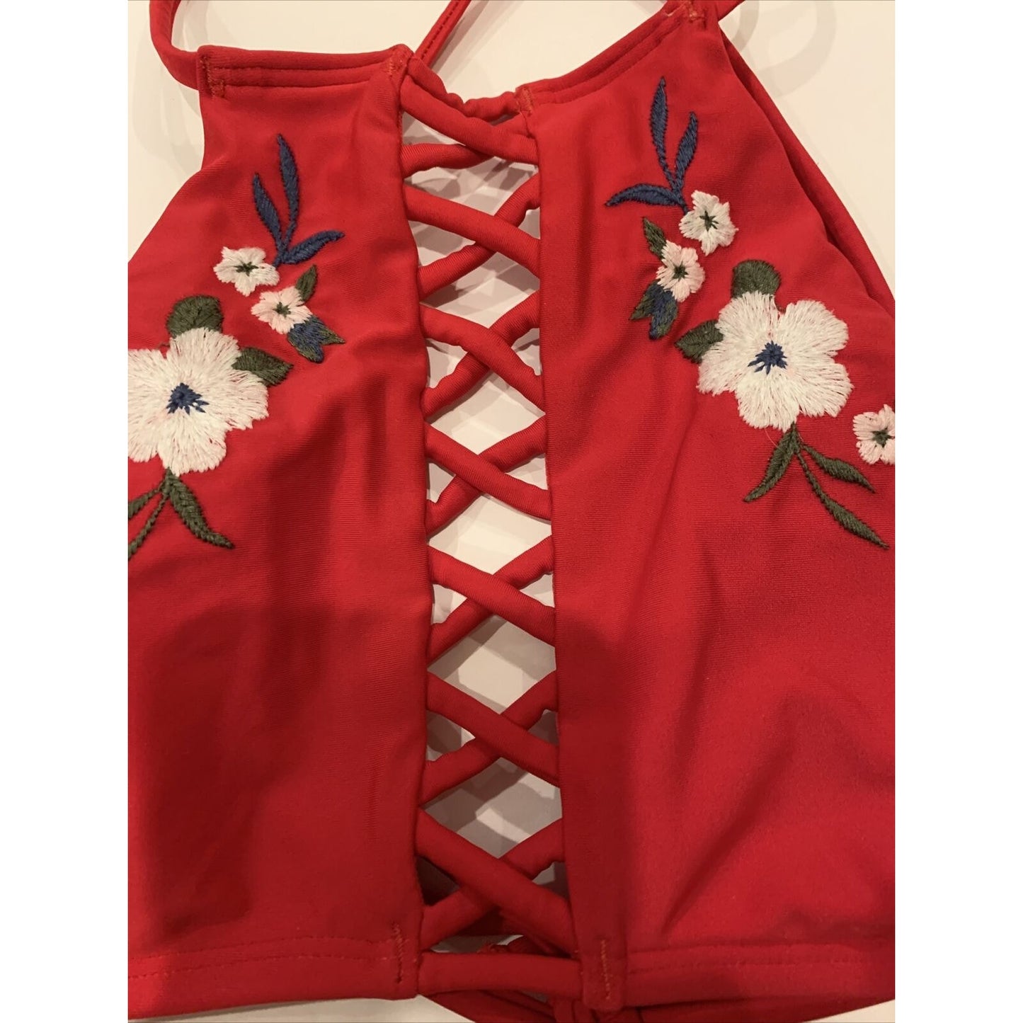 Hollister Strappy Racer Back High-Neck Crop Tank Bikini Top Floral Red XS - EUC