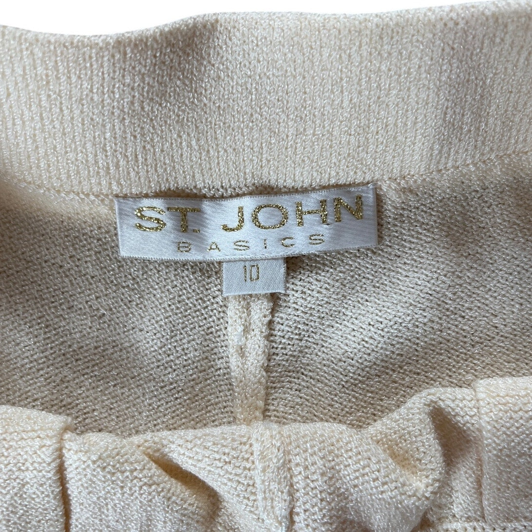 NWT St.John Women's Cardigan Skirt Set 10 Solid White Brass Buttons Santana Knit