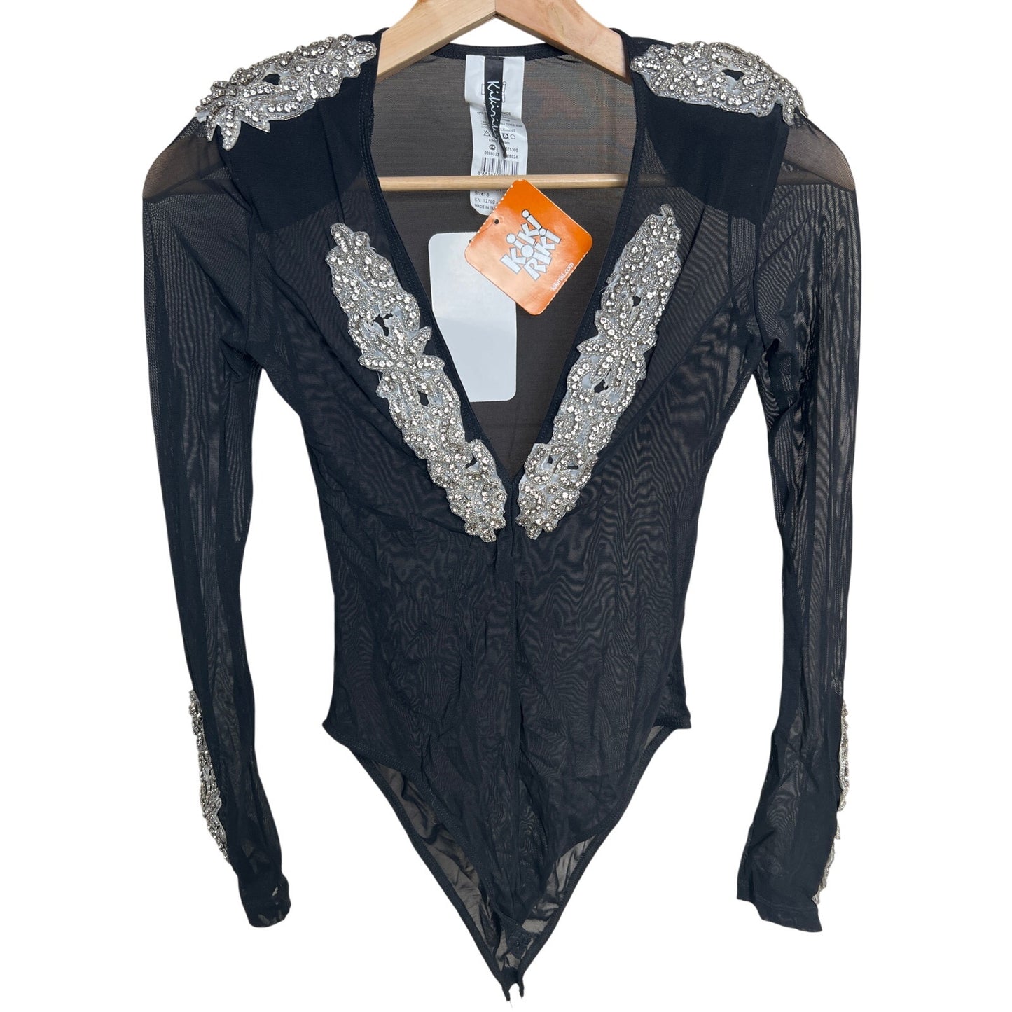 Y2K KikiRiki Small Black Rhinestone NWT Mesh Bodysuit